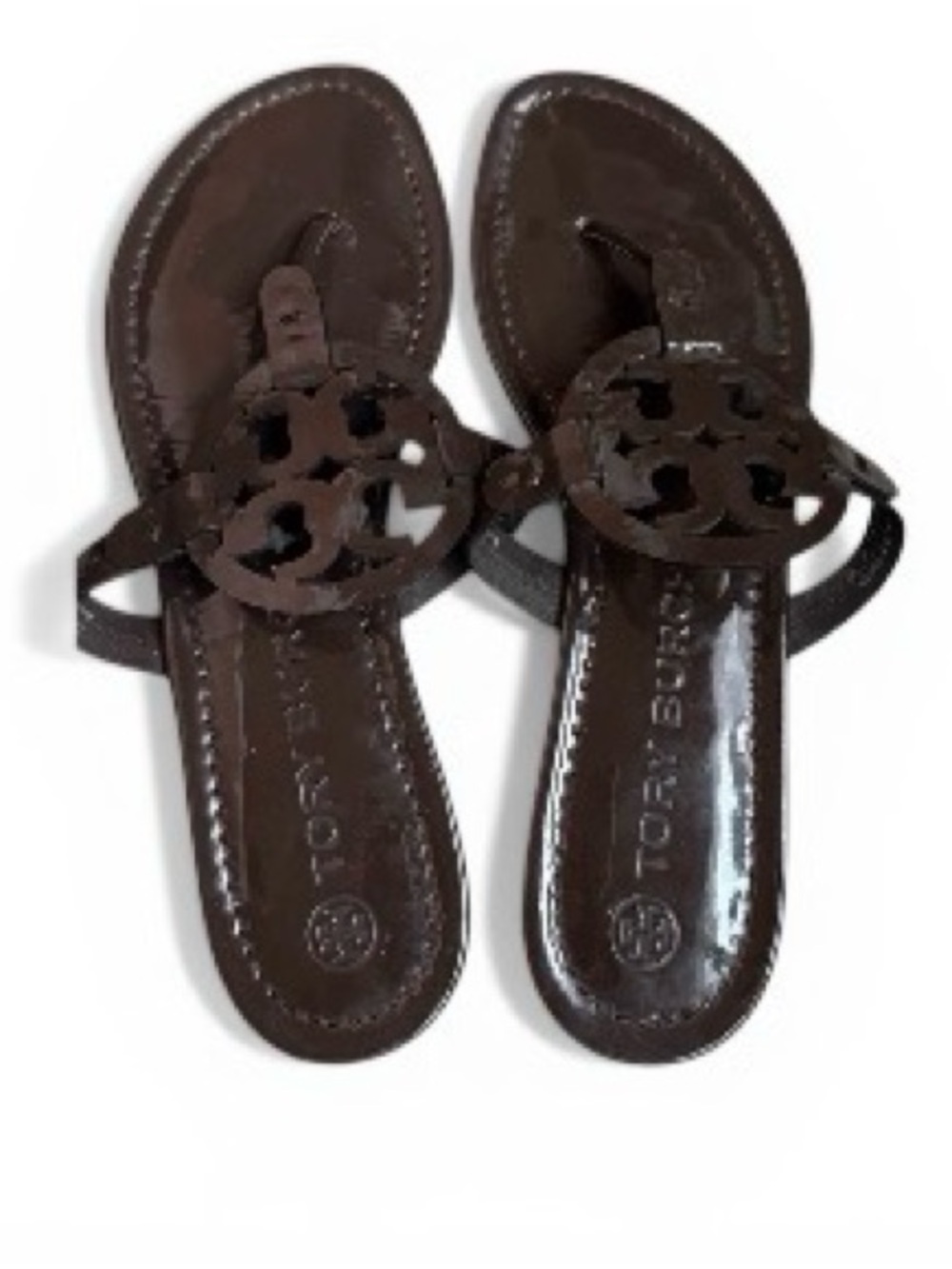 Tory Burch Dark Brown Patent Logo Thong Sandals